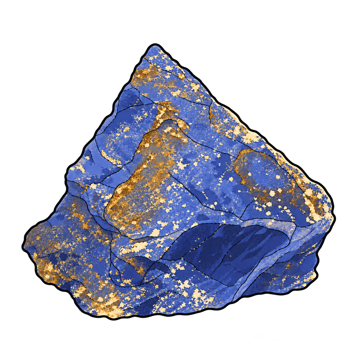 Lapis lazuli illustrated as an angular blue fragment with pale flecks, gold-toned patches and dark fracture lines.