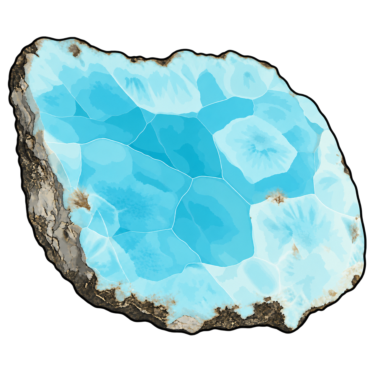 An illustrated slab combines turquoise fields, icy-white rounded patterns and fine pale boundaries within a rough, dark outer rim.