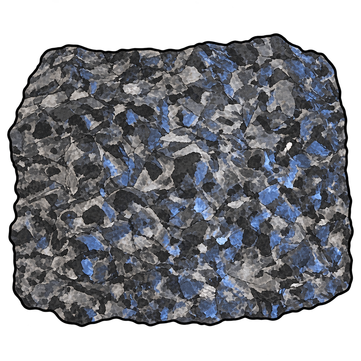 A blocklike gray stone illustrated with a coarse mosaic of pale and dark grains and scattered patches of blue light.