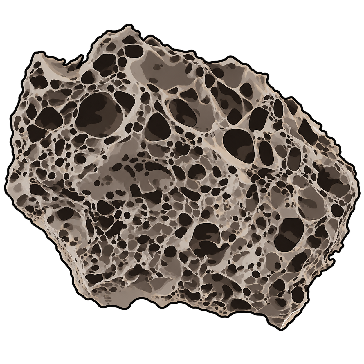 A rough gray-brown fragment has an irregular outline and a surface crowded with cavities of different sizes. The illustration emphasizes the thin partitions between some openings and the heavier, solid areas between others.