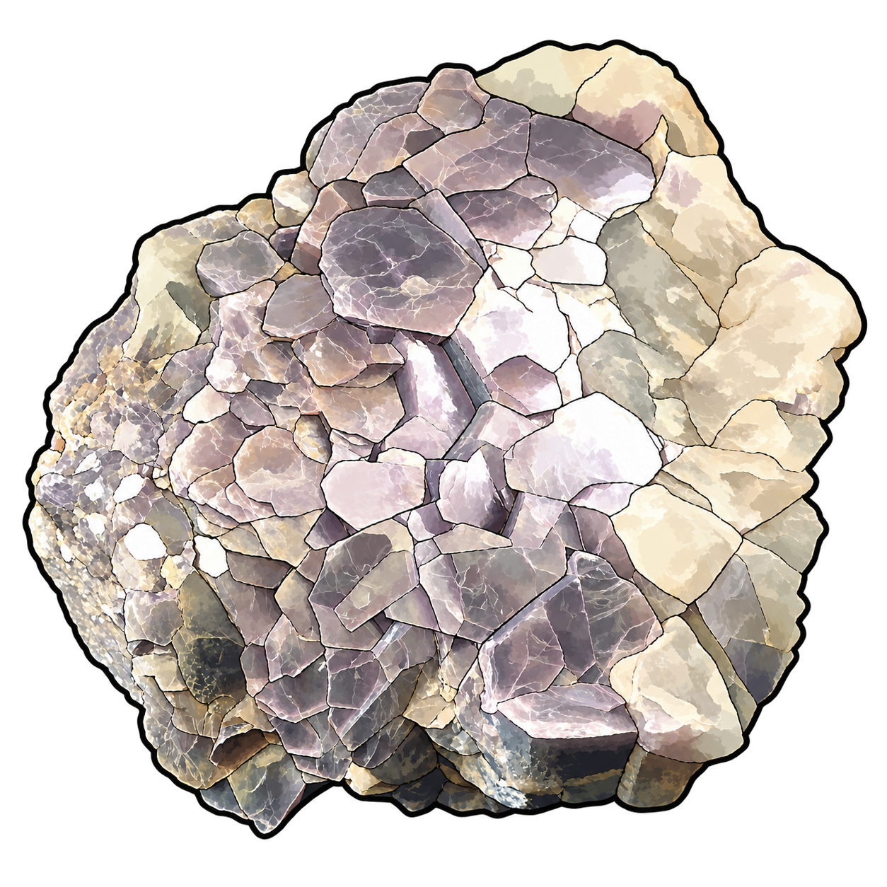 Overlapping lavender-gray plates are illustrated against a pale, irregular host, emphasizing the layered texture and fine reflective edges.