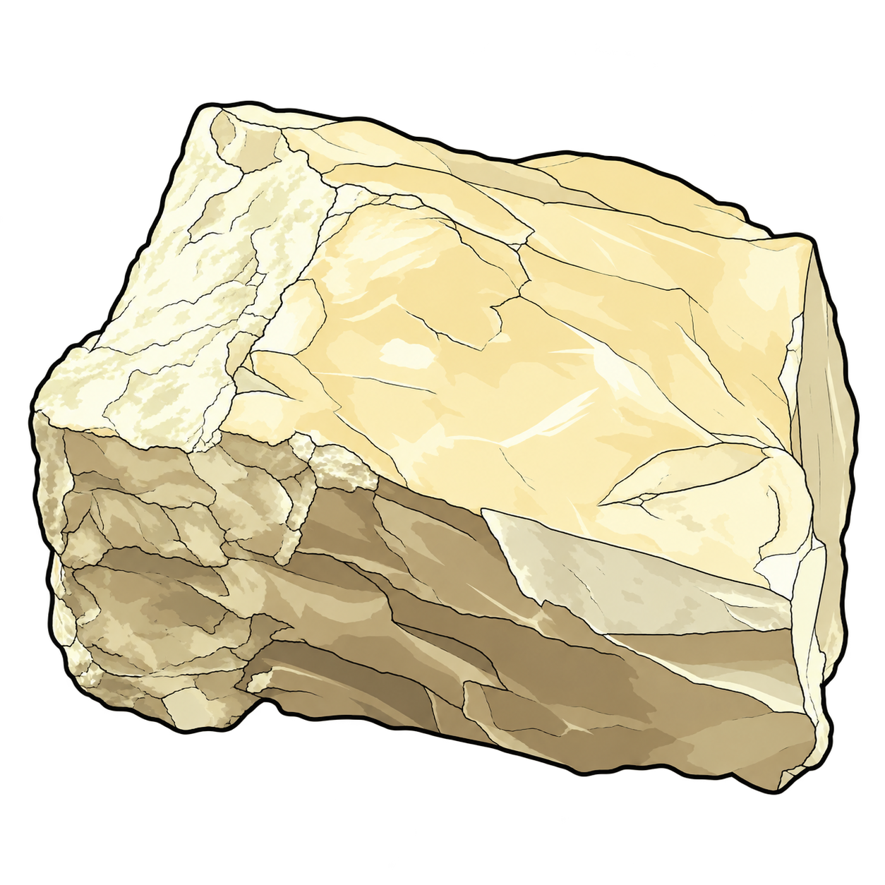 A pale cream, angular mineral block is illustrated with a broad upper face, fine surface fractures, and layered-looking edges.