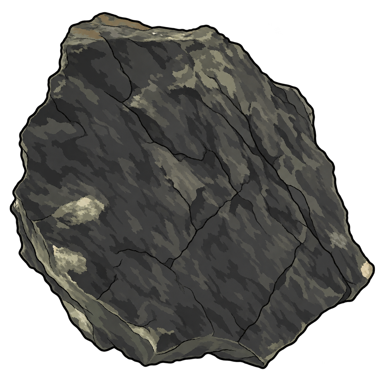 A broad, irregular dark gray-black mass is illustrated with a rough face, branching fractures, and scattered pale patches. Subtle tonal changes describe the surface without implying polished crystal faces.