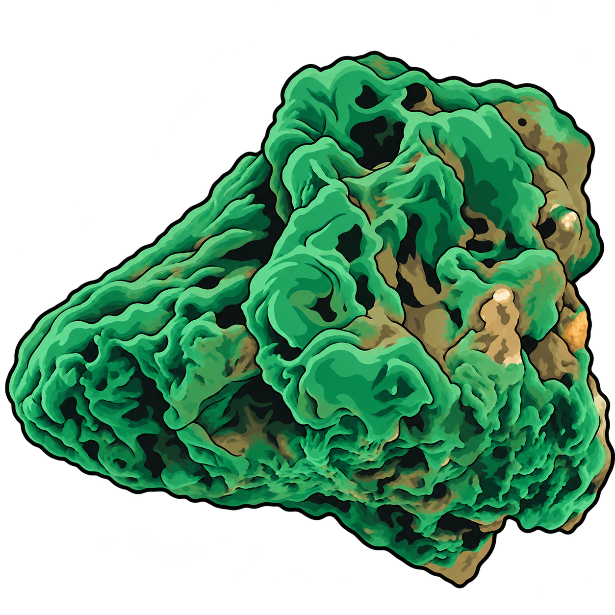 Malachite illustrated as an irregular green mass with rounded ridges, dark cavities and exposed ocher-colored areas.