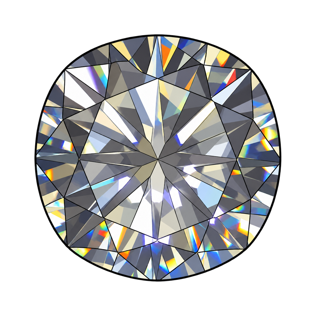 A round faceted gem is illustrated in white and charcoal planes, with narrow rainbow flashes brightening the outer facets.