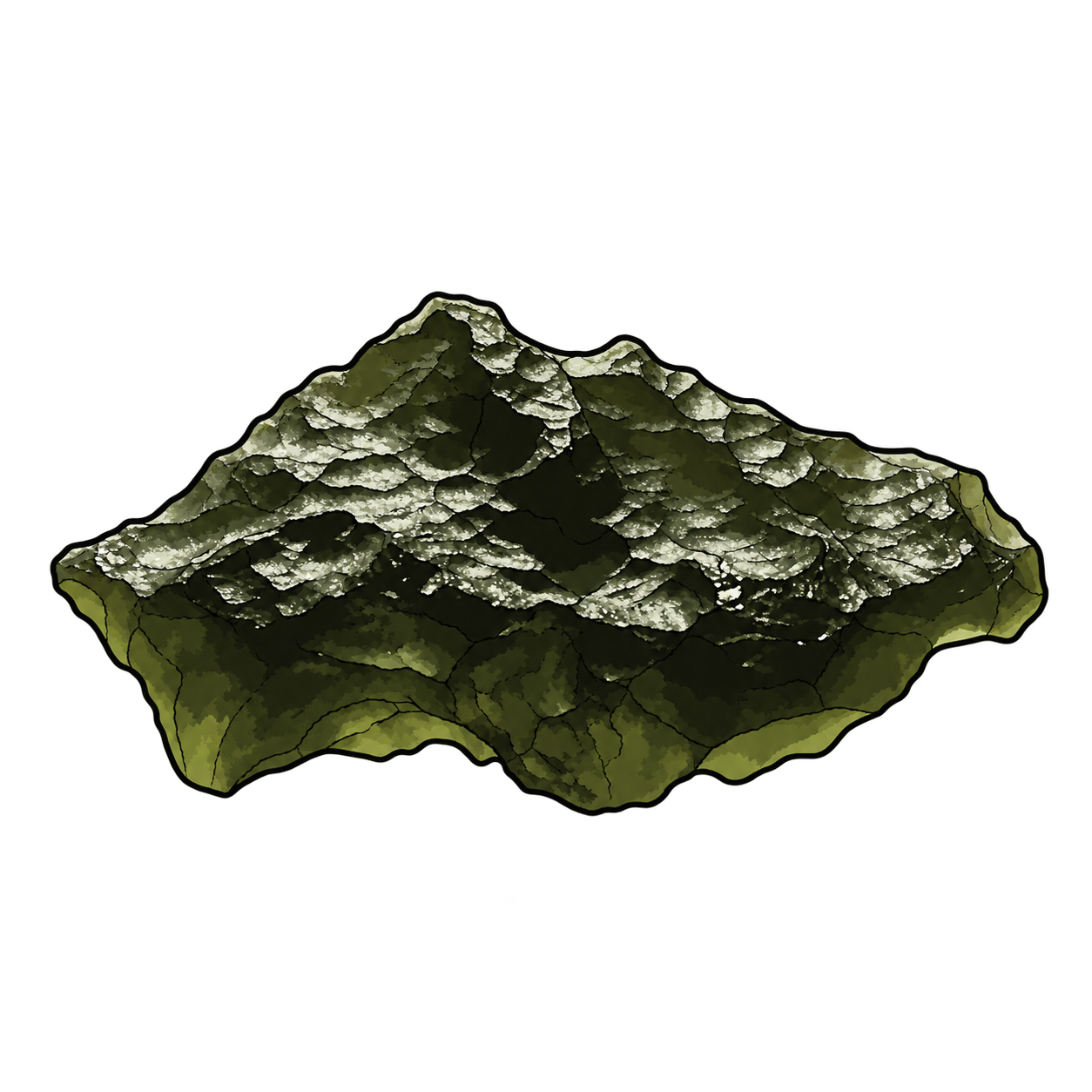 An uneven olive-green glass fragment is illustrated with dark hollows, bright silvery ridges and a translucent-looking green margin.