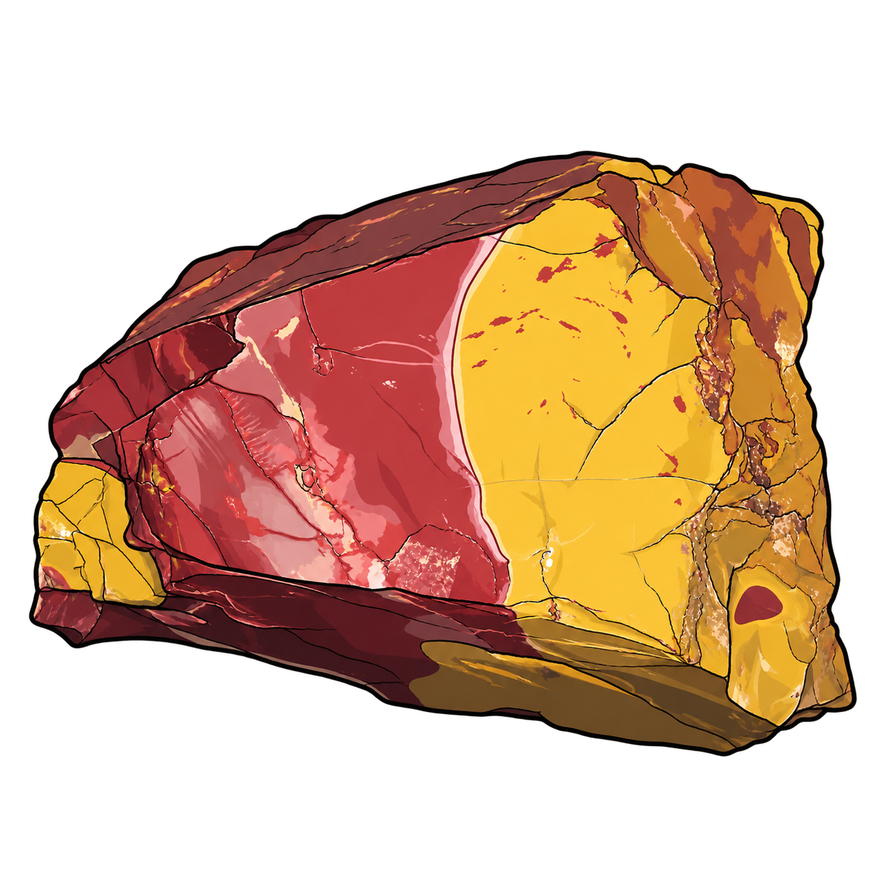 An angular stone illustration divided into deep red and golden-yellow fields by a curved pale boundary. Burgundy edges, fine fractures and cream highlights give the slab a layered, uneven appearance.