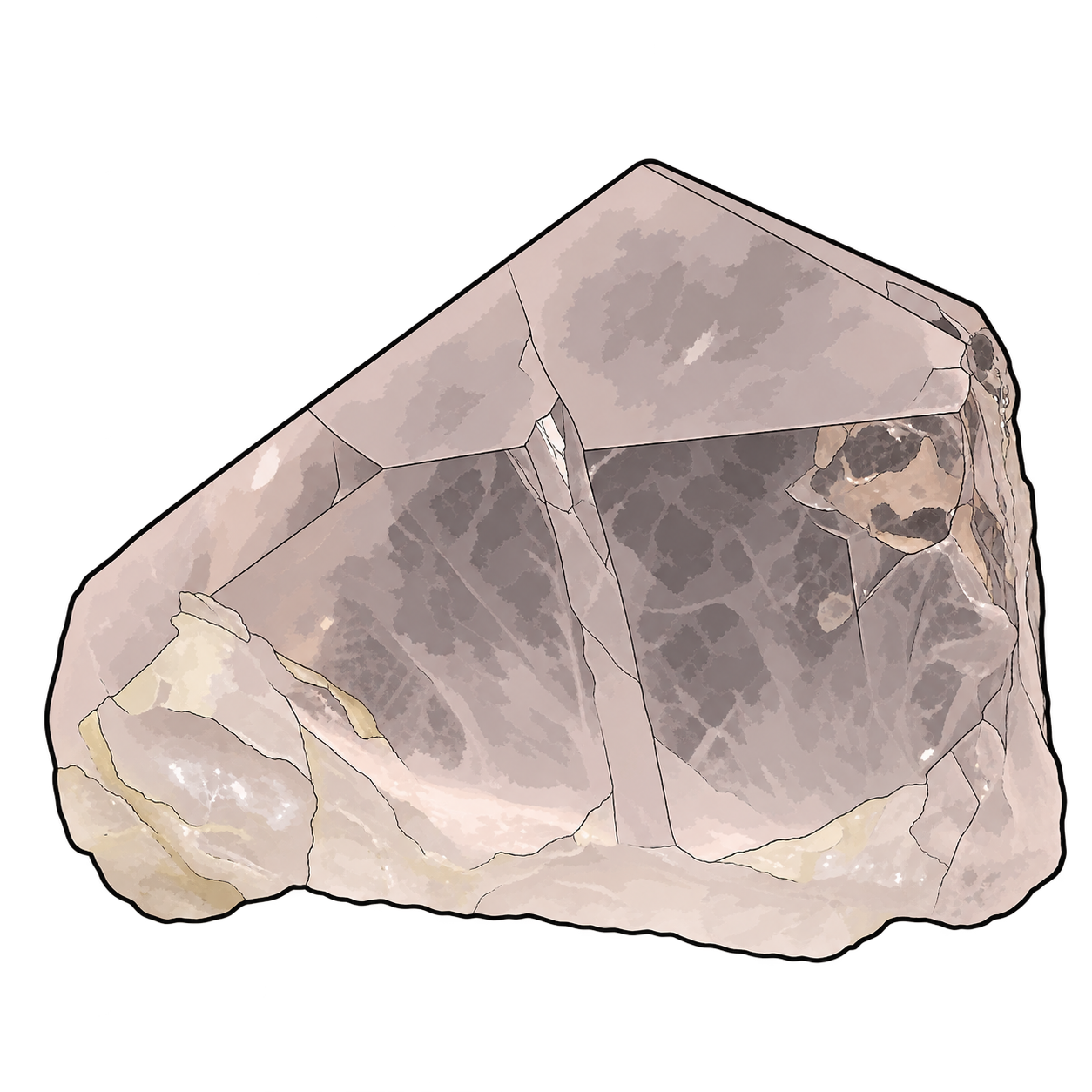 A broad pale pink-gray crystal illustrated with angular faces, smoky internal patches, fine fractures and an irregular cream-colored lower edge.