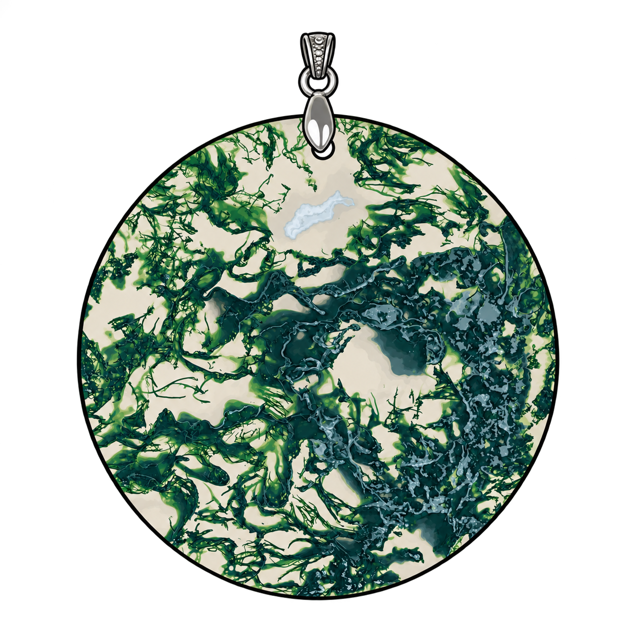 A circular pendant illustration with dark green, moss-like branching across a creamy pale field, a denser blue-green area on the right and a silver-colored bail above.