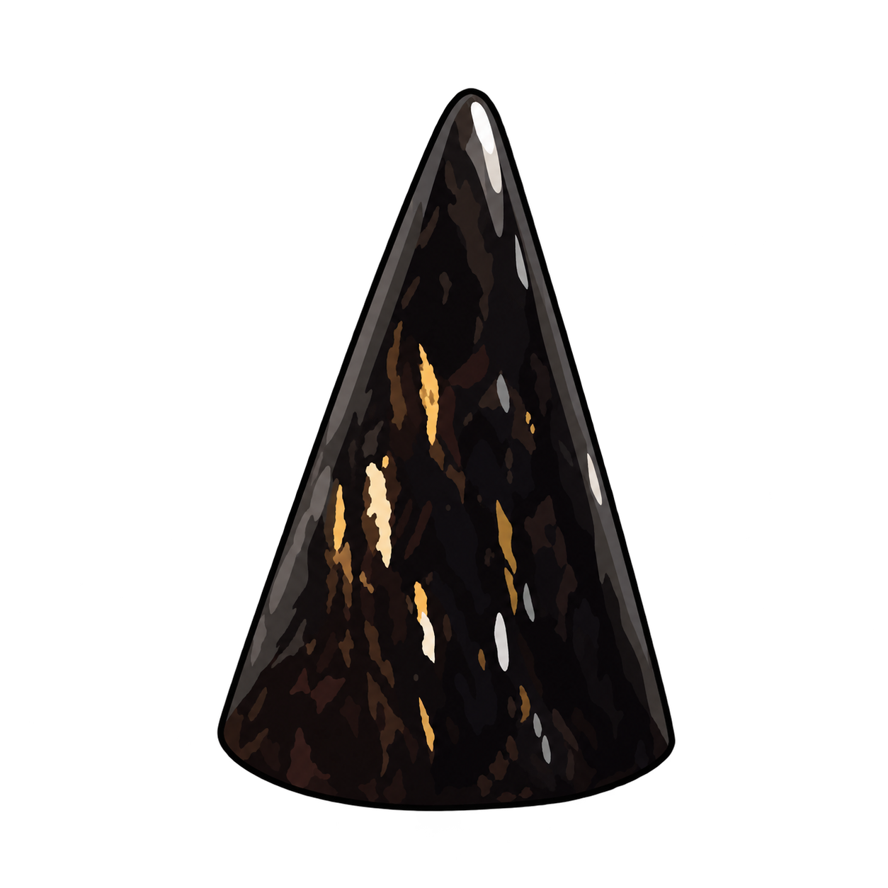 A polished nuummite cone illustrated in near-black and deep brown, with scattered gold-colored streaks and bright highlights along its curved surface.