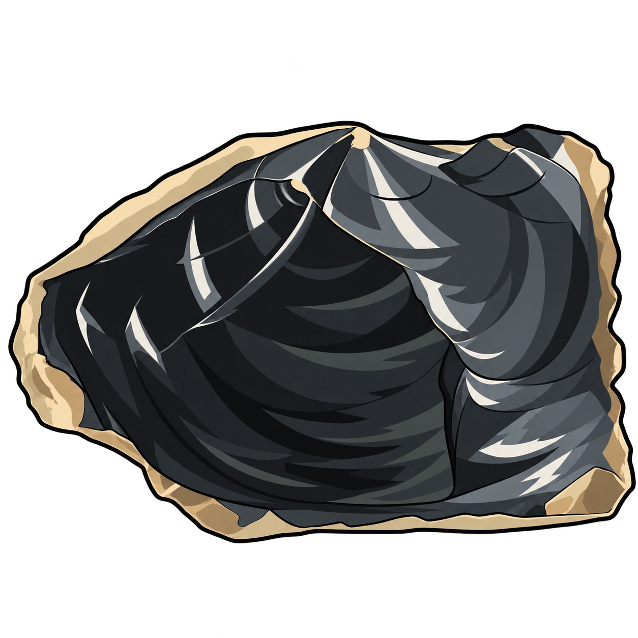 A black glassy fragment is illustrated with broad curved fracture surfaces, silver-gray highlights and a pale, rough outer margin.