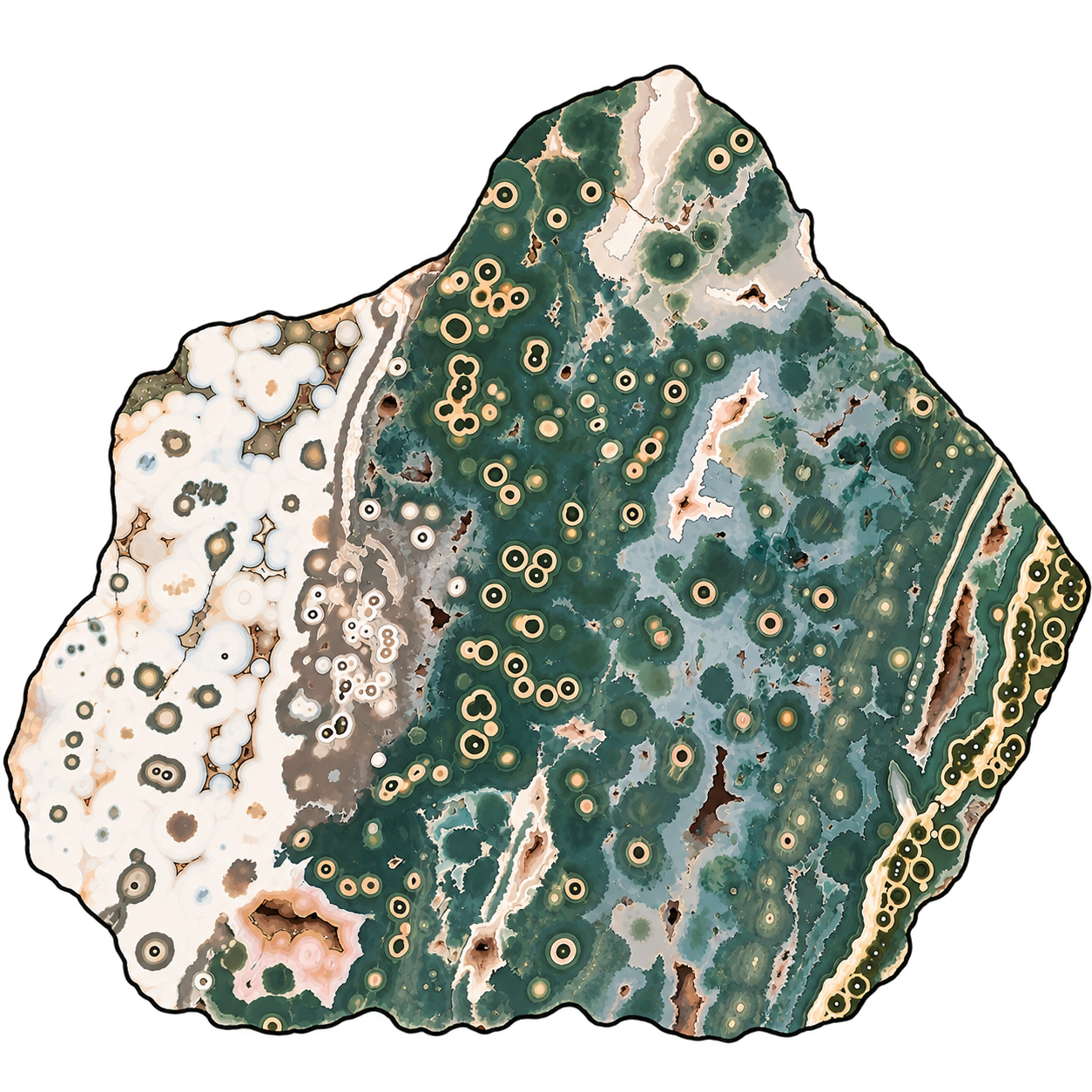 An irregular slab illustration with deep green fields, cream bands and pale pink margins. Small concentric circles crowd the center, while larger pale rounded forms occupy the left side; scattered brown openings interrupt the polished-looking surface.