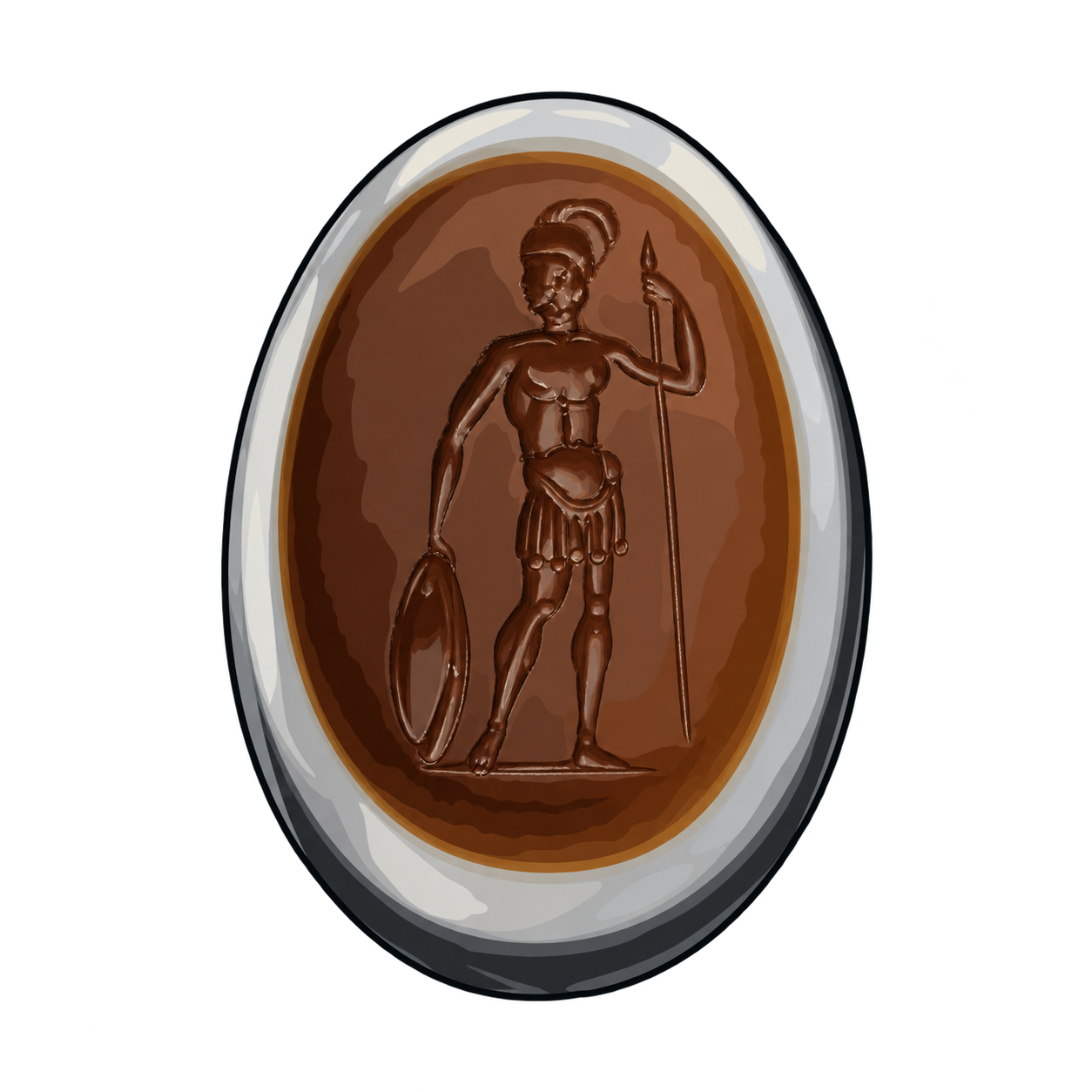 An oval, warm-brown gem illustration framed by pale gray and white layers. A helmeted figure stands within the brown center, holding a long spear and a shield; bright highlights emphasize the carved contours.