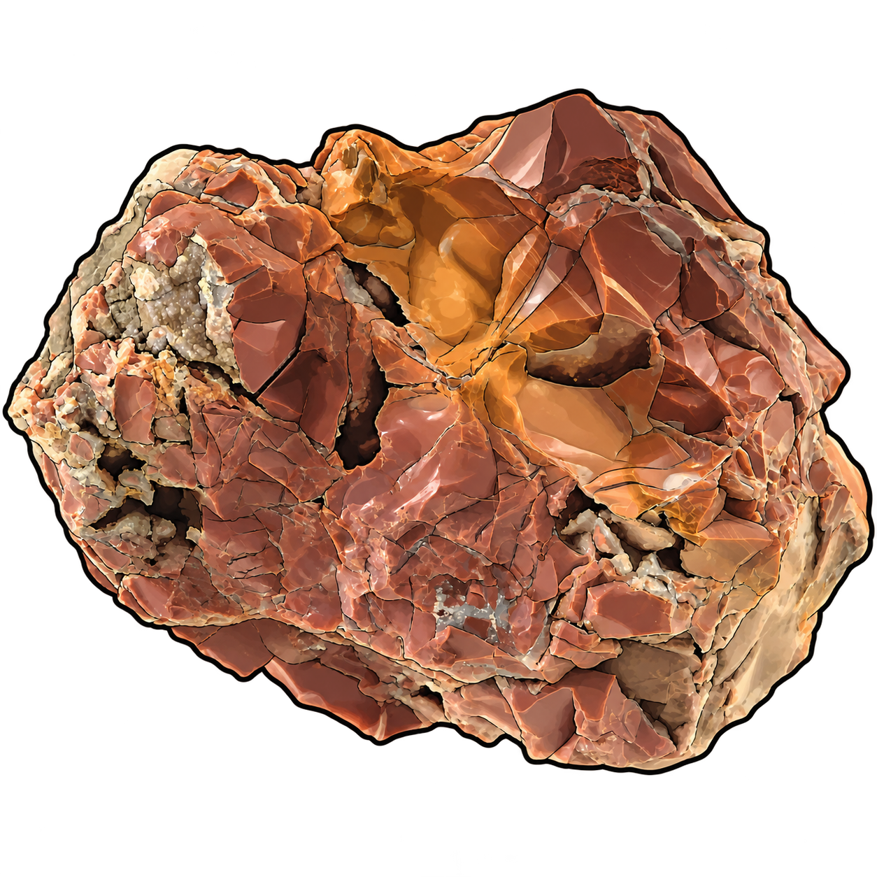 An irregular rust-brown and amber stone is illustrated with curved fractured surfaces, pale granular seams and dark cavities; no rainbow play-of-color is depicted.