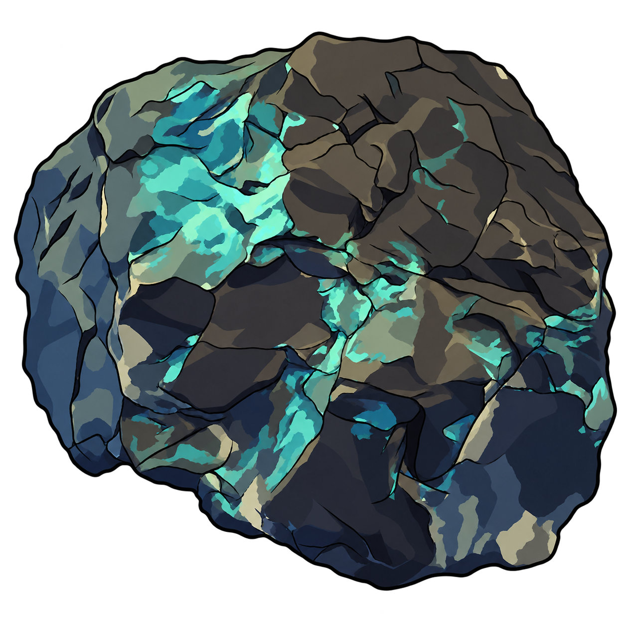 An angular metallic fragment rendered in bronze and deep blue, with turquoise-green patches crossing its broken faces.