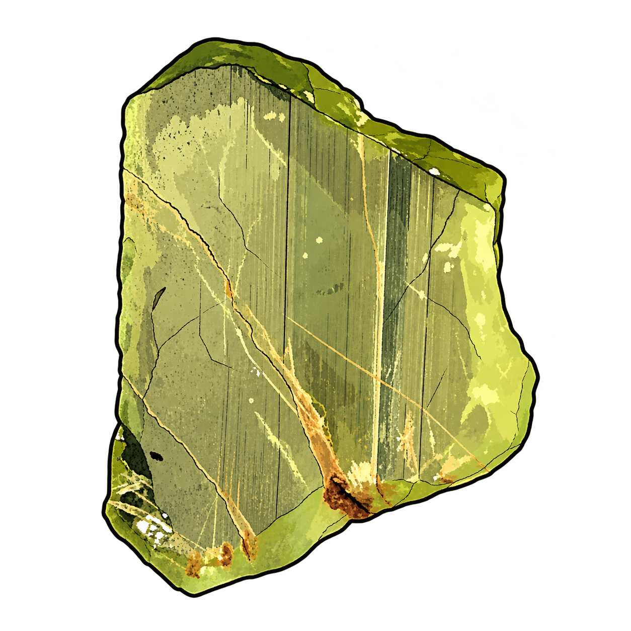 A luminous yellow-green fragment illustrated with broad olive planes, fine vertical strokes, branching dark fractures and warm ocher accents near its lower edge.