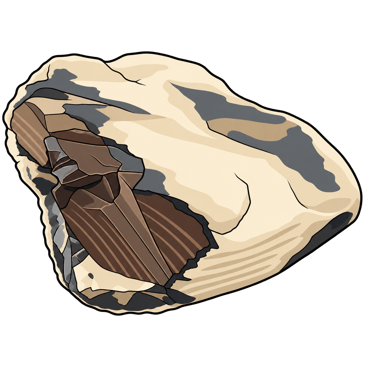 An irregular cream-and-tan fragment with a dark brown center, lengthwise markings and scattered gray-black patches.
