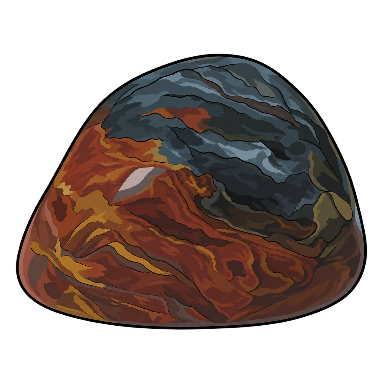 A rounded pietersite illustration with sweeping slate-blue and rust-brown areas, golden streaks and a pale highlight across its polished surface.