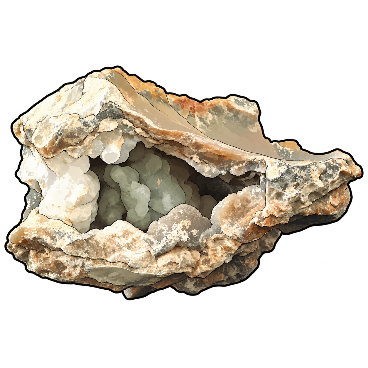 Cream and ochre rock encloses a deep opening filled with rounded, pale sage-green growths. The broad broken rim and dark recess make the delicate interior the focus of the illustration.