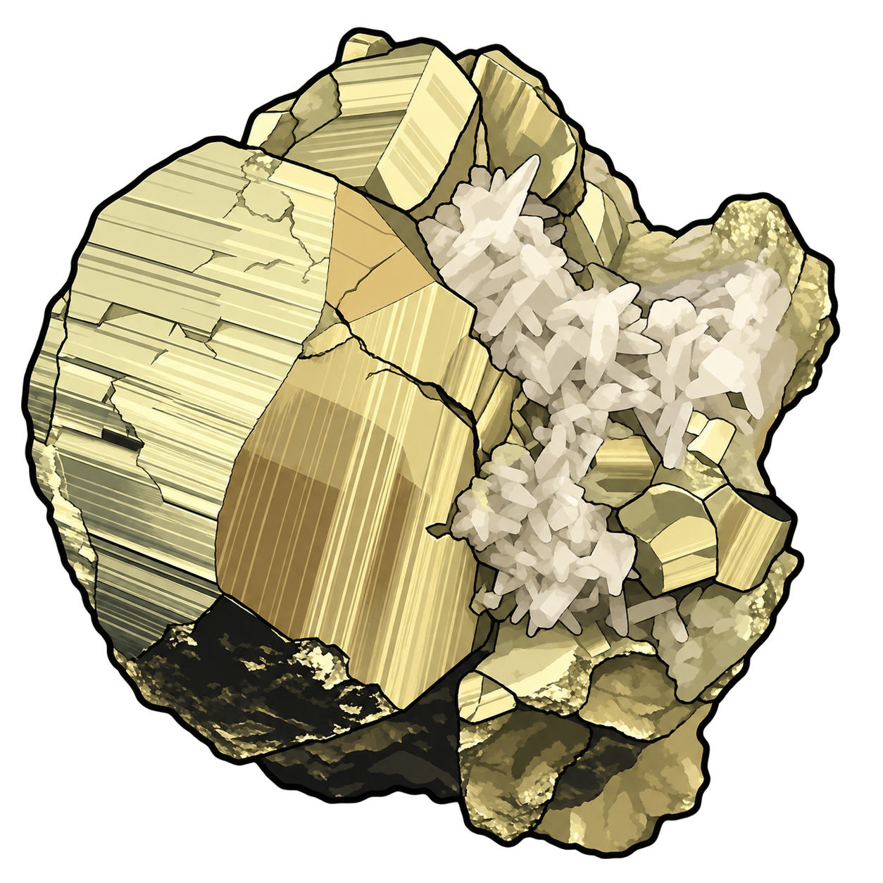 Large brass-gold crystal faces are illustrated with parallel striations and sharp intersecting edges. Pale crystal clusters cross the center and right side, contrasting with darker recesses below.