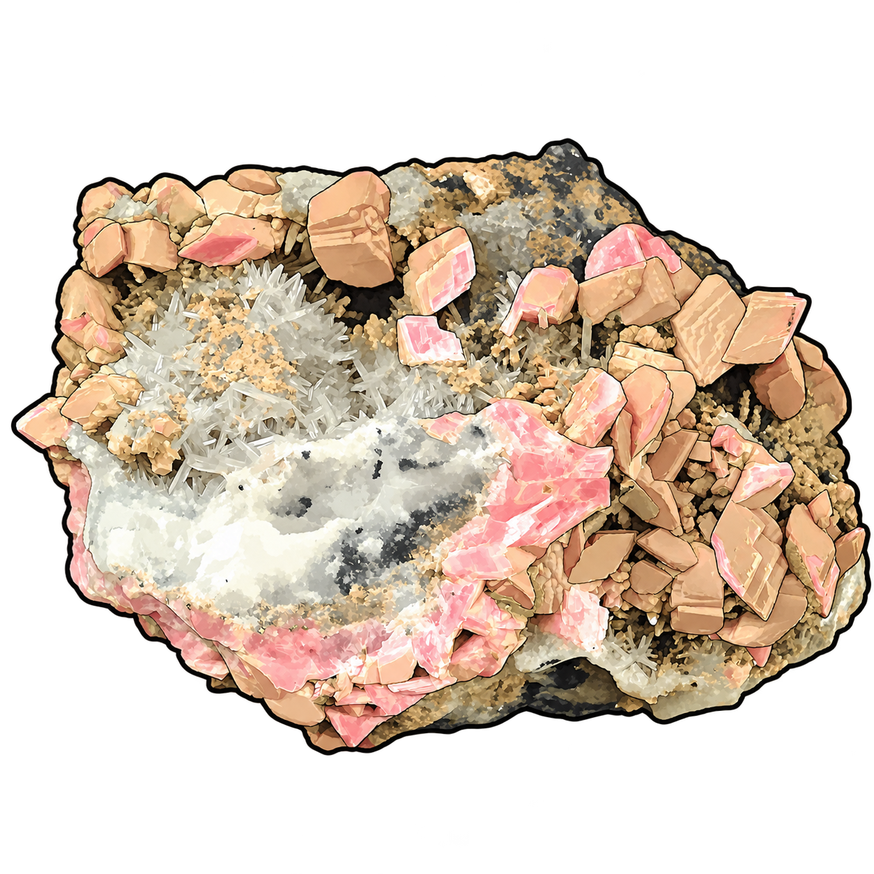 Salmon-pink, blocky crystals are illustrated above a dark base, with fine pale points filling spaces around them.