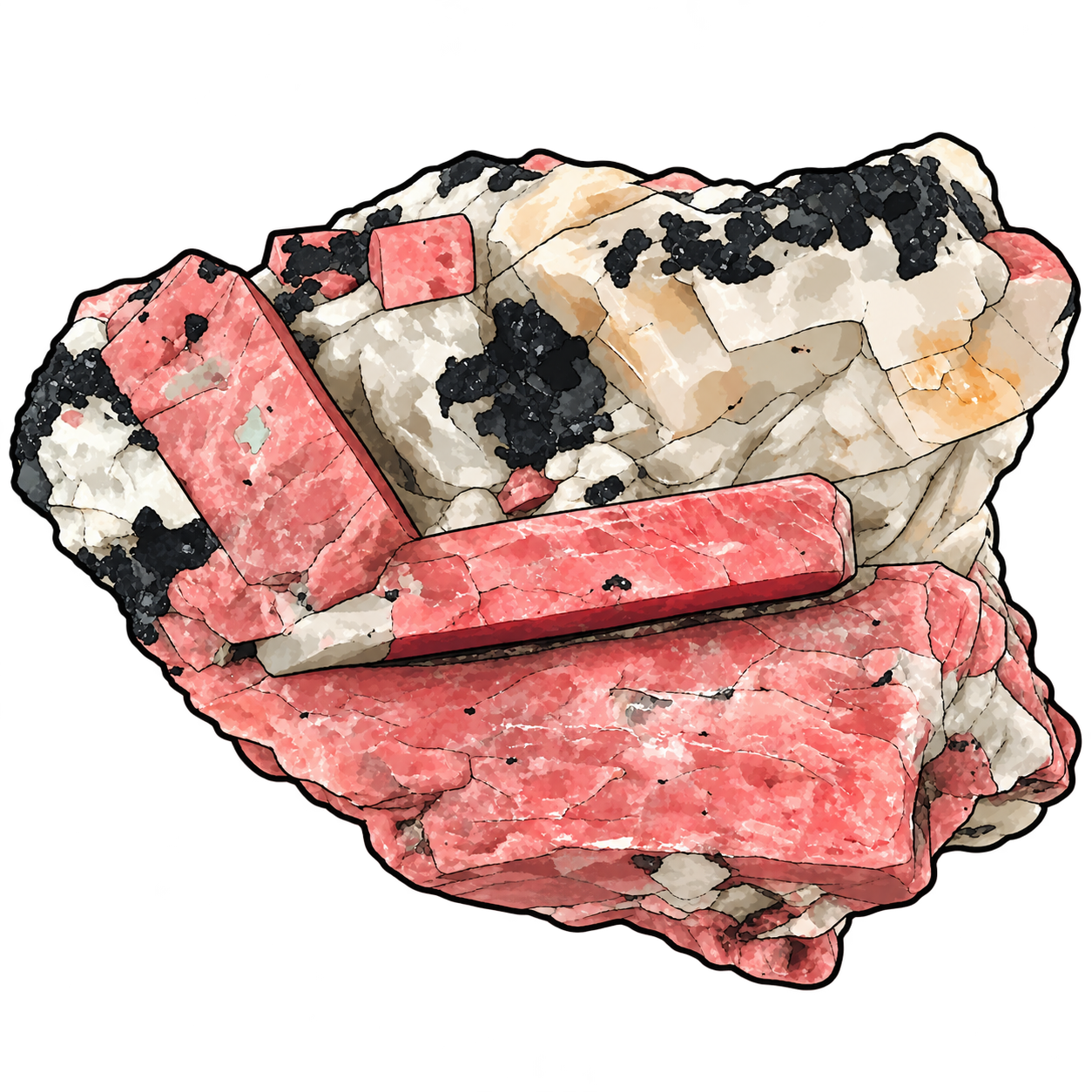 Elongated pink crystals are illustrated across a pale, granular matrix, with dark patches accenting the cluster.