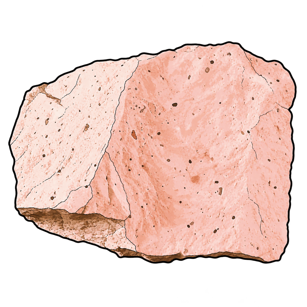 Rhyolite illustrated as a pale salmon-pink angular fragment, with small dark flecks, scattered pores and irregular fractures.