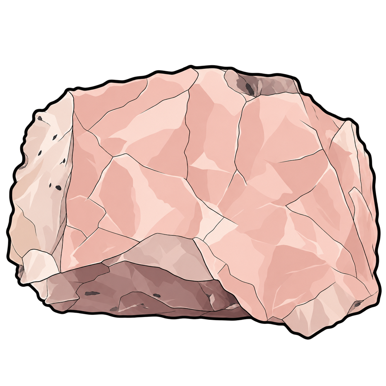 Rose quartz illustrated as a pale pink, irregular block with overlapping angular surfaces, fine dark fracture lines and small dark patches along its edges.