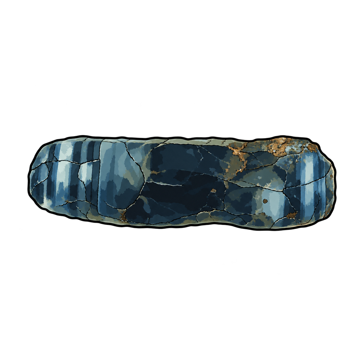 A long, barrel-like blue crystal lies horizontally, crossed by pale bands and fine dark fractures. Slate-blue faces, deep navy patches and ochre weathering give the illustration the character of rough sapphire rather than a polished jewel.