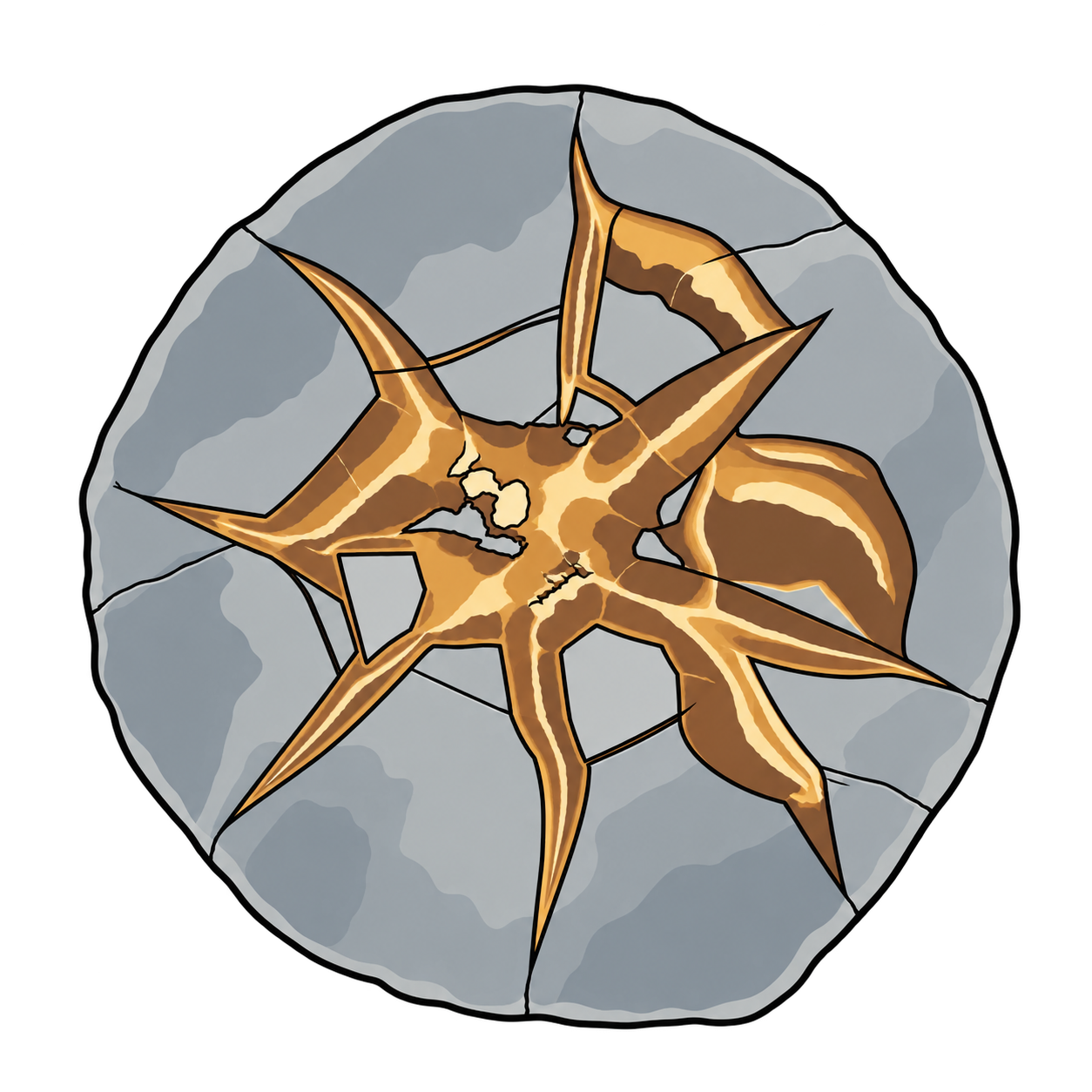 A rounded gray section is crossed by gold and brown branching seams. The illustration draws attention to the irregular, star-like junctions between veins and the quieter areas of rock they enclose.
