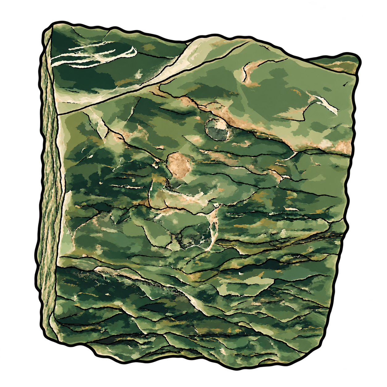 A roughly rectangular green stone illustrated with olive and deep-green patches, cream diagonal veins and branching dark seams.