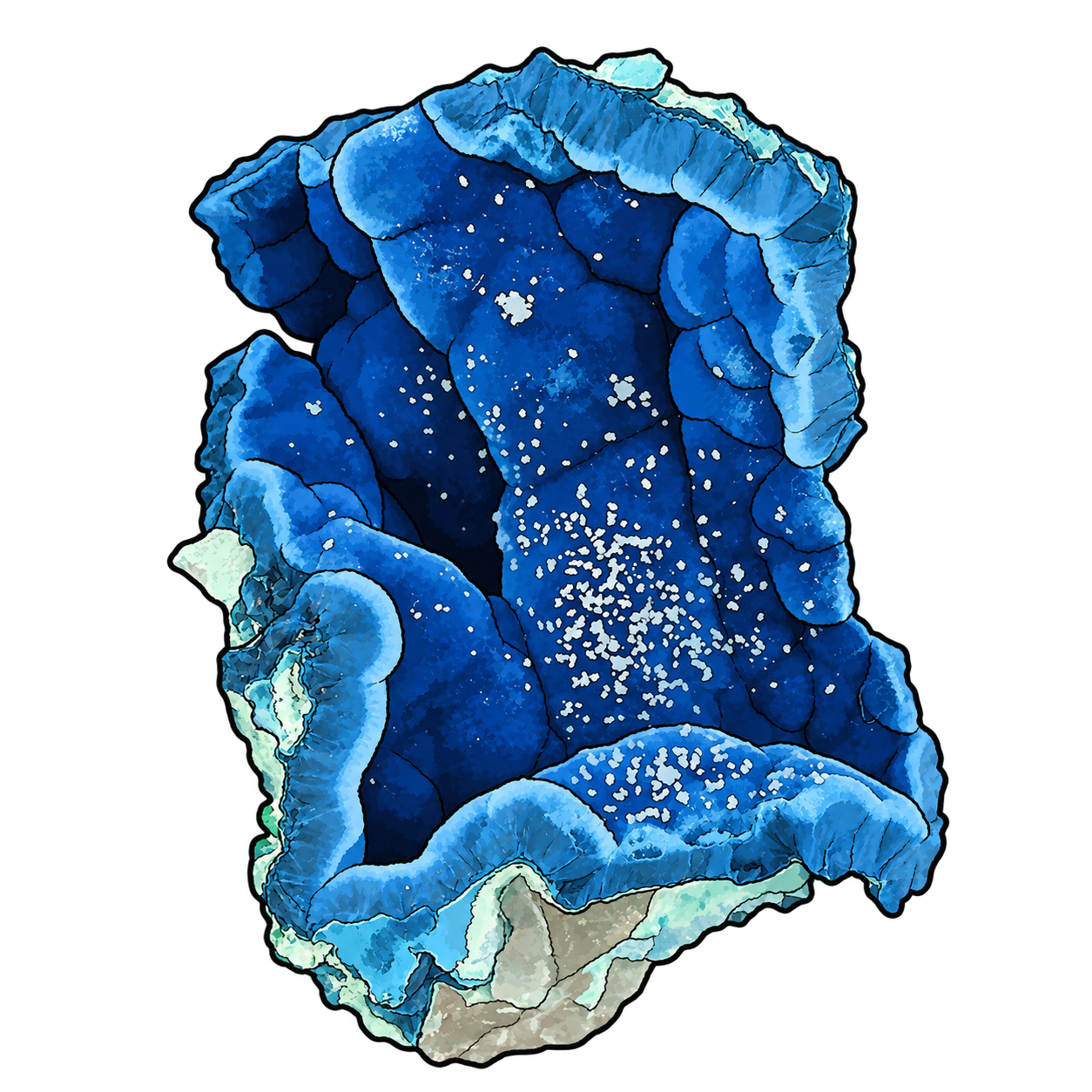 A deep blue, irregular mineral mass is illustrated with rounded ridges, lighter blue margins, and a fine textured surface. Small pale flecks and a greenish-white base contrast with its darker recessed center.