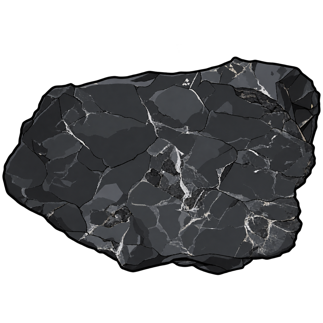 A flat charcoal-colored fragment crossed by pale gray and white veins, with angular edges and subtly reflective planes.
