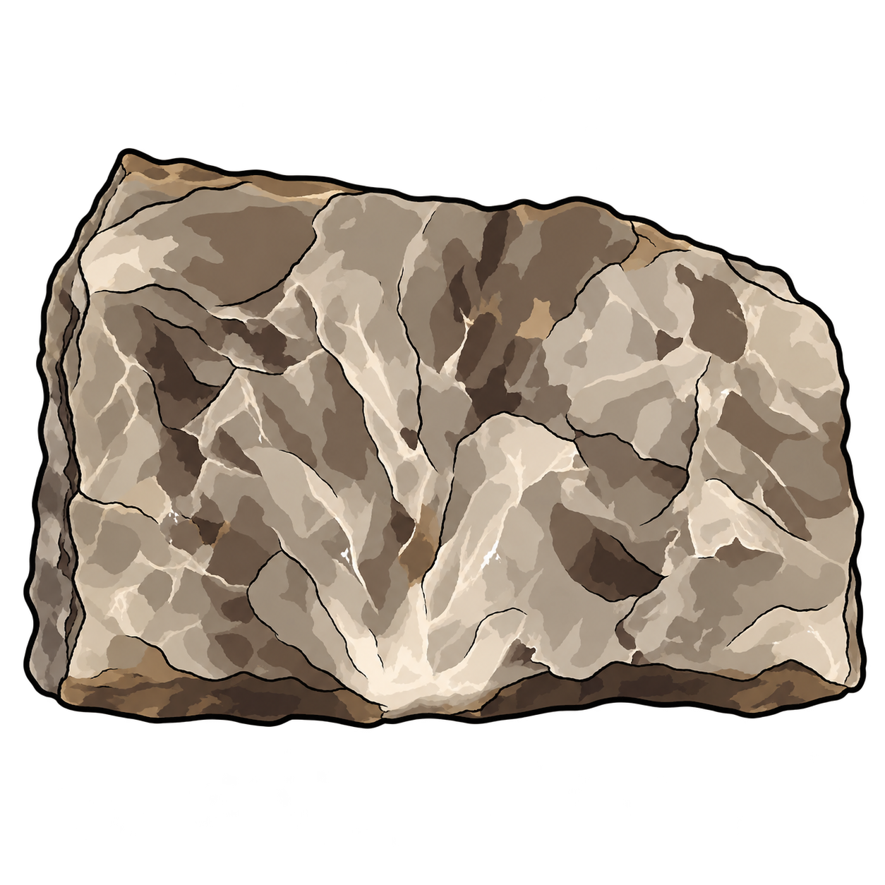 Smoky quartz illustrated as a broad gray-brown fragment, with angular broken surfaces, cream-colored highlights and darker patches.