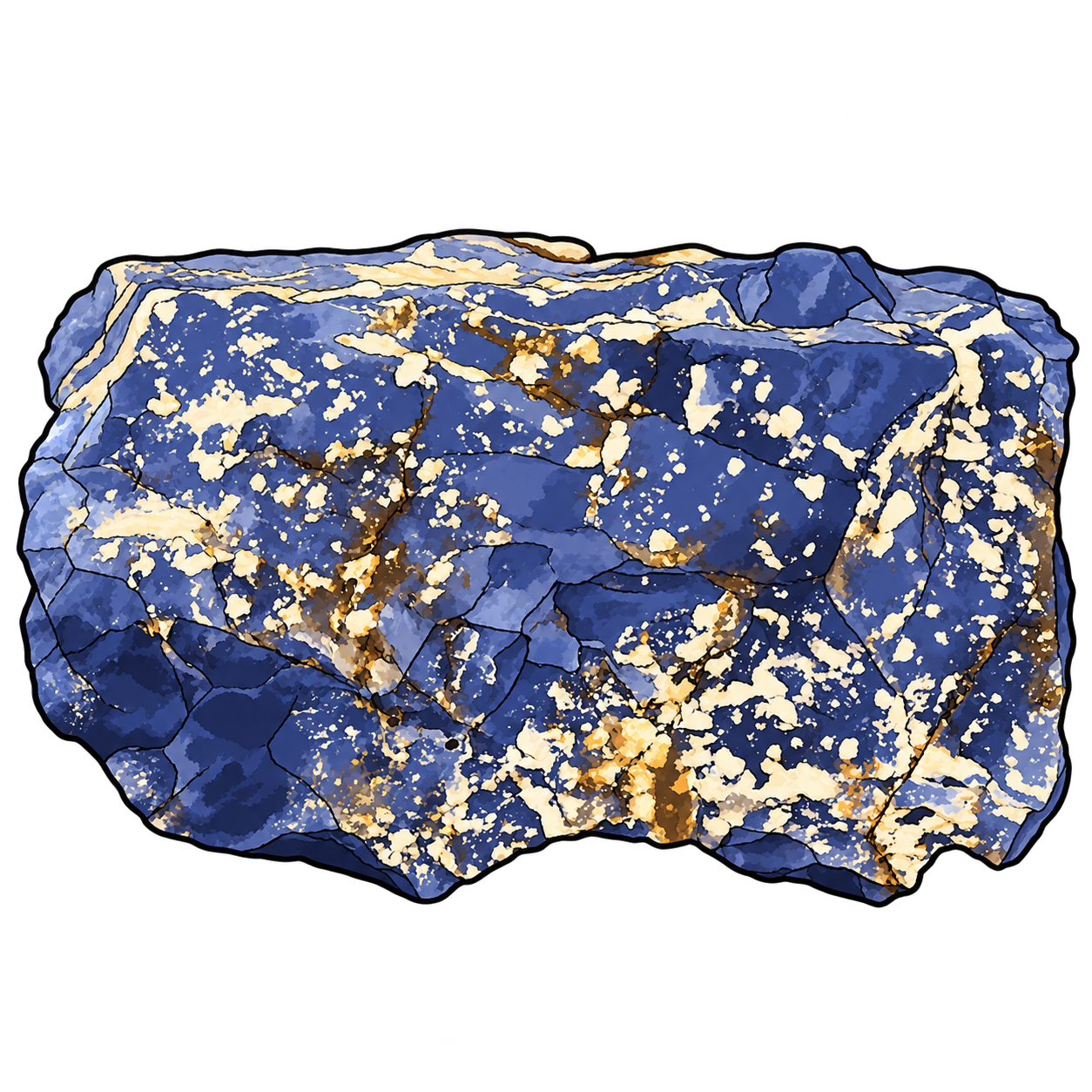 Sodalite illustrated as a broad blue rough mass with cream-colored patches, pale veins and brown seams.