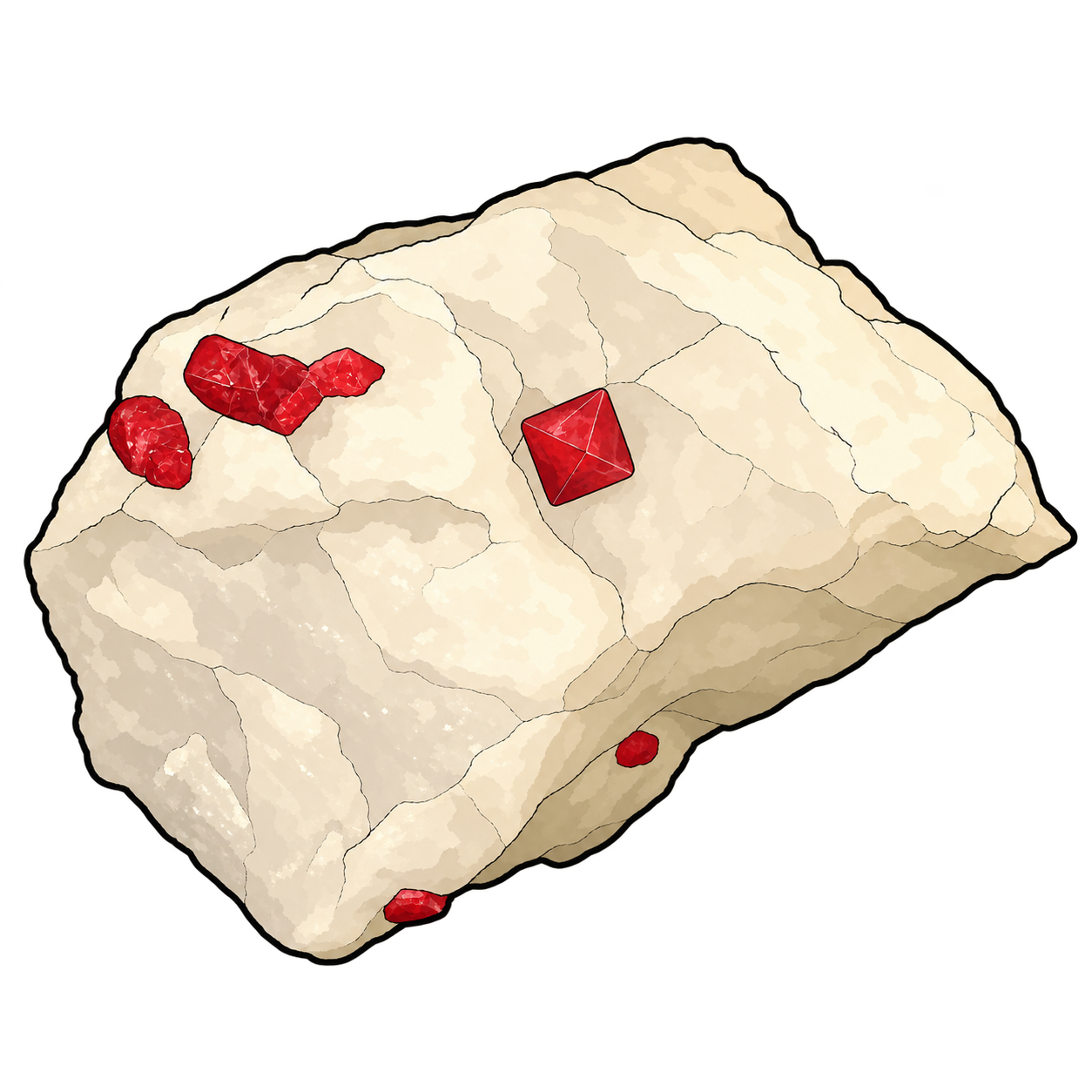 Vivid red crystals punctuate a cream-colored matrix, including a sharply outlined octahedral form near the center.