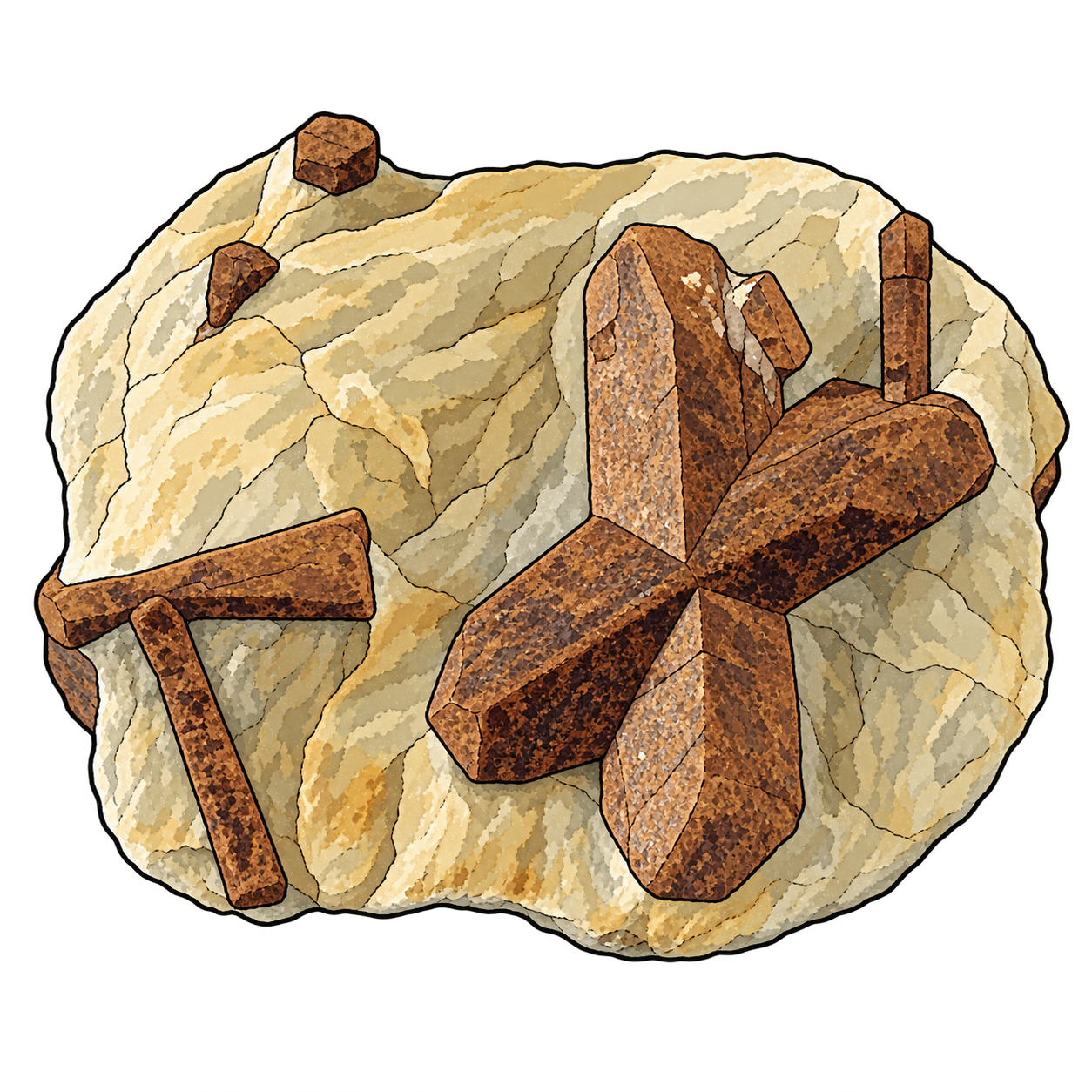 Brown prismatic crystals stand out from pale, layered rock, with a prominent asymmetric cross-shaped intersection at the center.