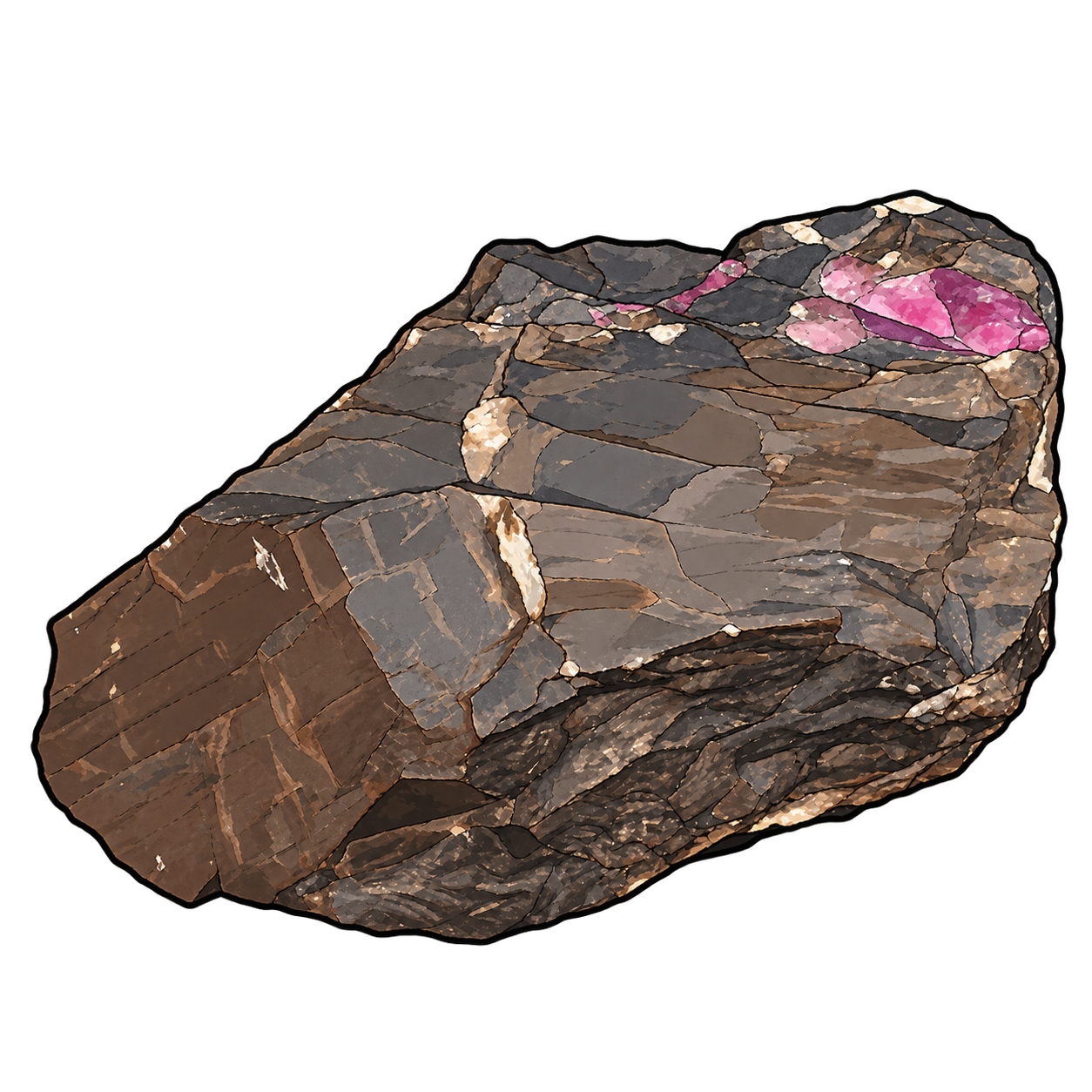 A long, angular dark gray-brown rock is illustrated with pale seams and a small vivid pink-purple patch near one end. The composition emphasizes the colored mineral within a contrasting host rather than presenting the whole specimen as uniformly purple.