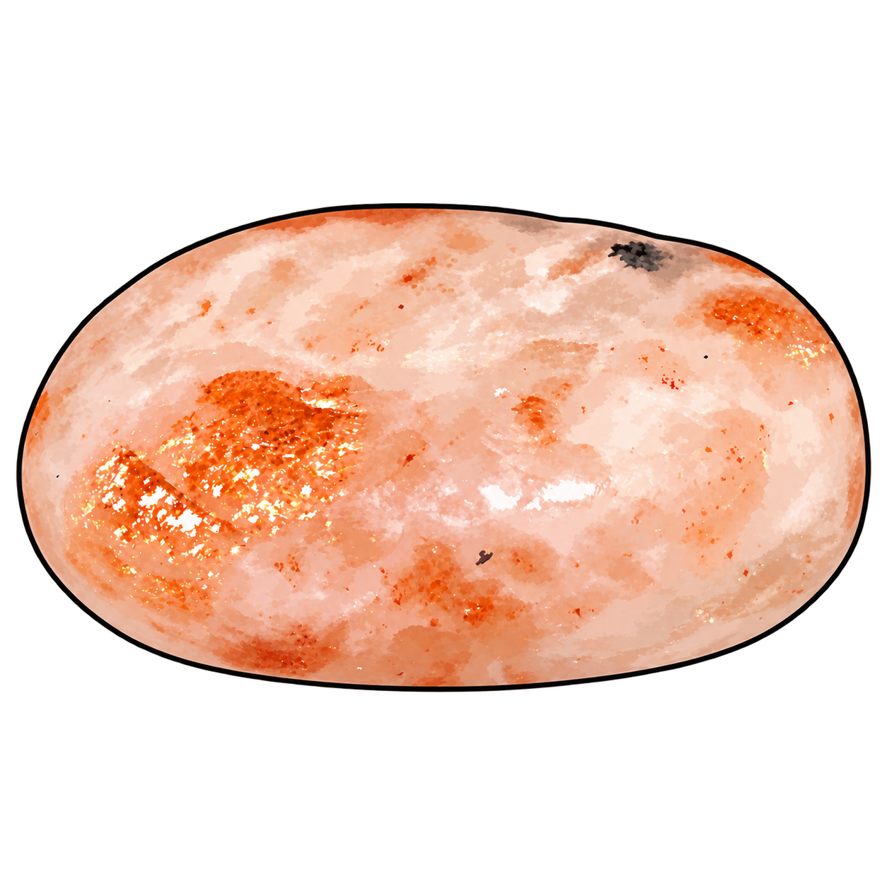 A rounded peach-colored stone illustrated with copper-orange patches, fine bright sparkles, pale clouding and a few dark accents.