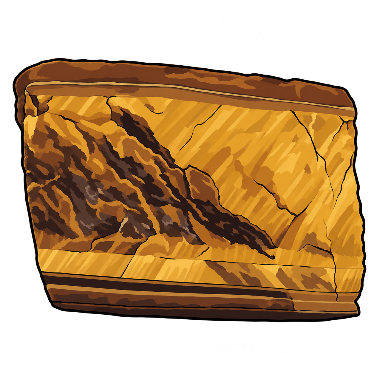 Tiger's-eye illustrated as a golden rectangular slab with diagonal streaks, dark brown bands and an irregular dark zone crossing its center.