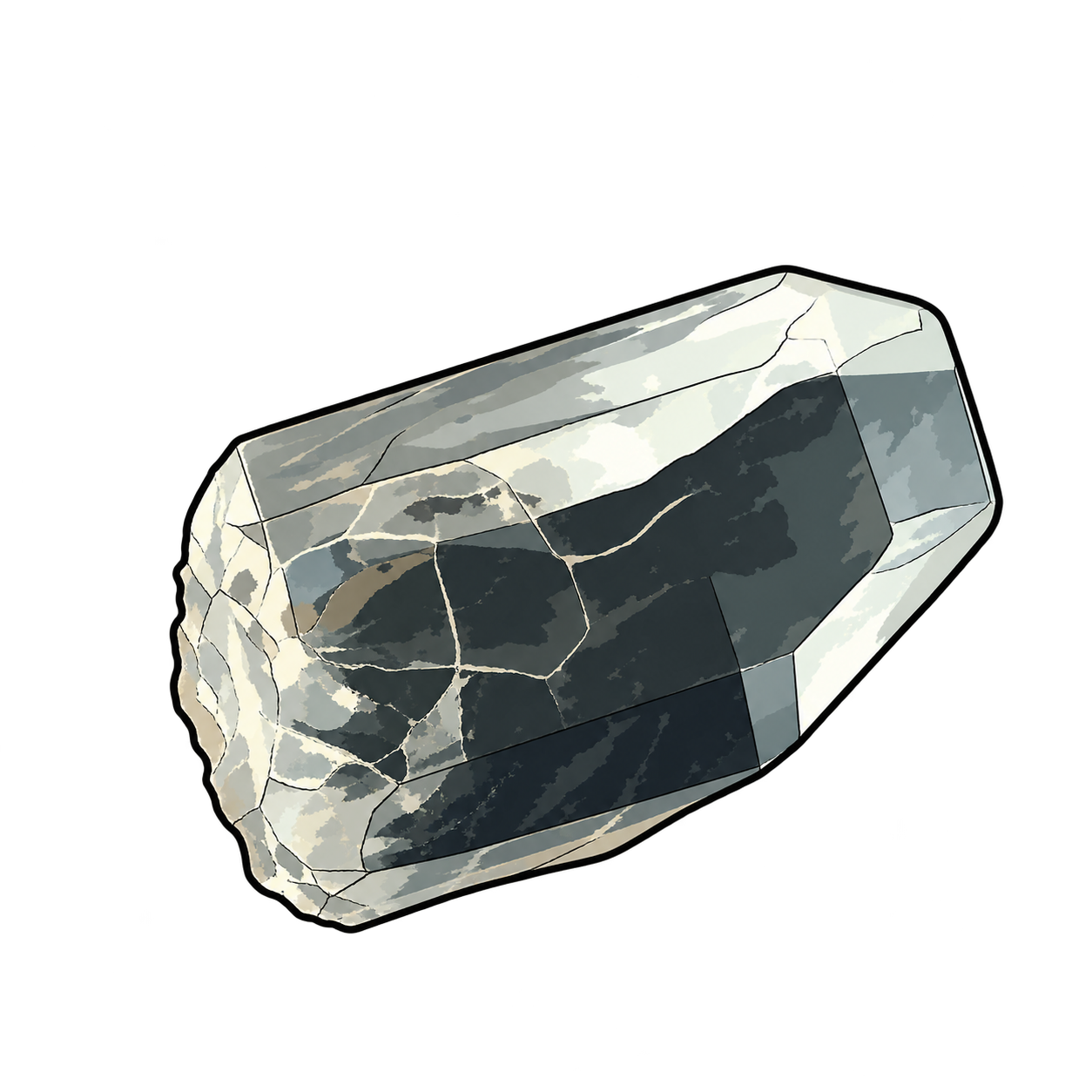 A pale, glassy crystal rests horizontally, its broad faces interrupted by cloudy seams, dark internal planes and an irregular broken end. The restrained grey-and-white palette draws attention to the geometry of the crystal rather than a gemstone's polished colour.