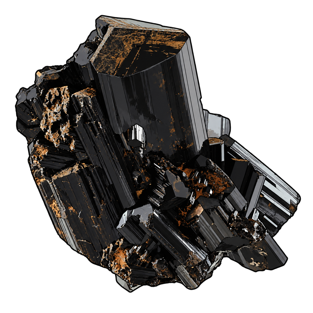 A cluster of glossy black prisms with deep lengthwise grooves, angular terminations, silver-gray highlights and warm brown surface accents.