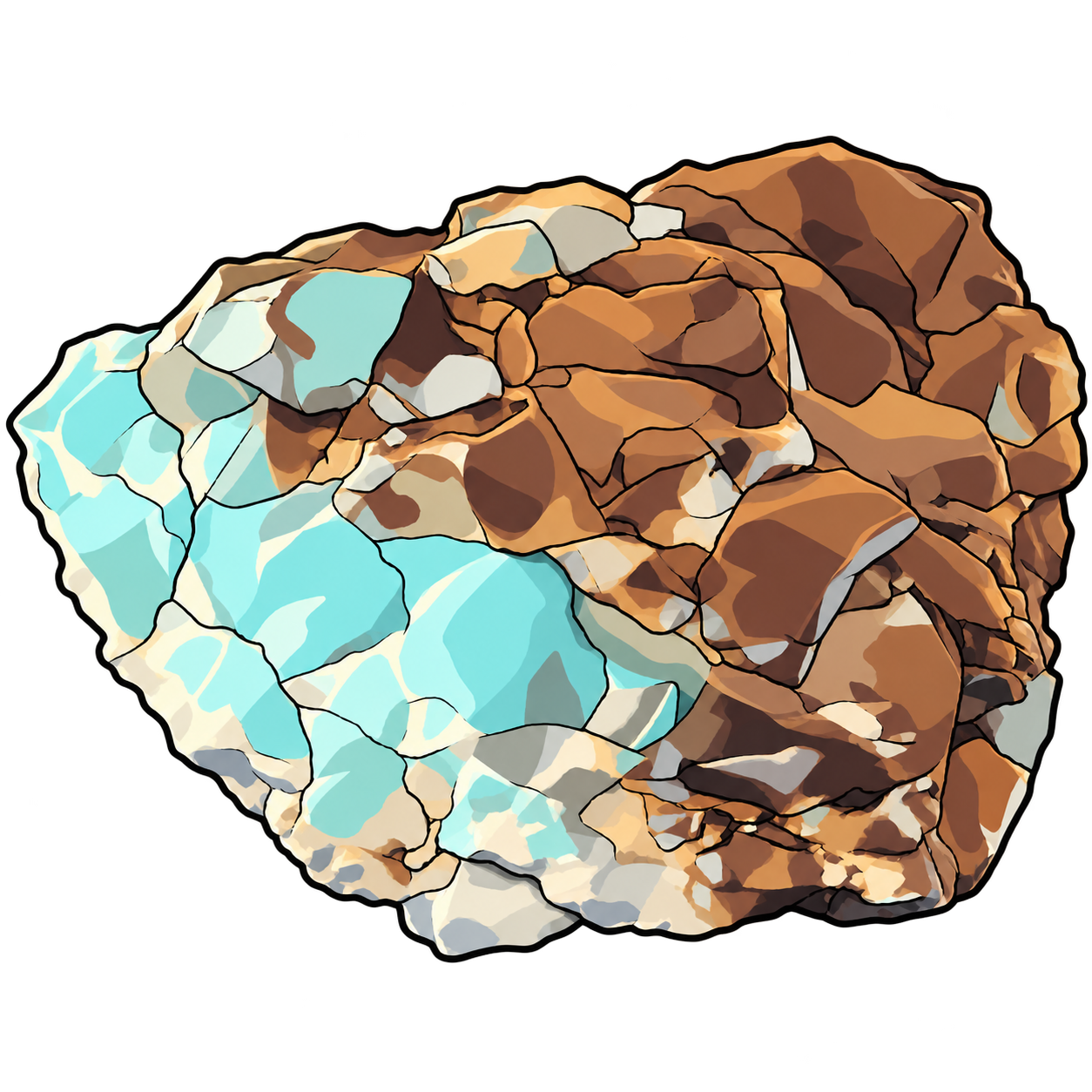 Turquoise illustrated as pale-blue areas with cream-colored seams in a fractured ocher-brown rock.