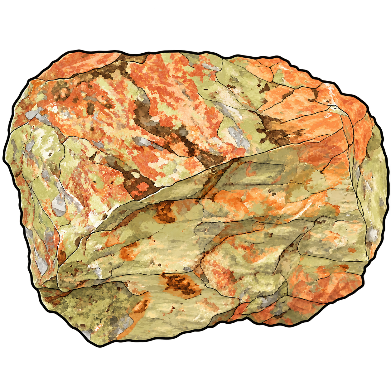 An angular fragment displays pale green, coral-pink and gray-white areas separated by darker seams. The illustration emphasizes a rough mineral mosaic, with uneven edges and individual patches rather than a smooth, uniformly colored surface.