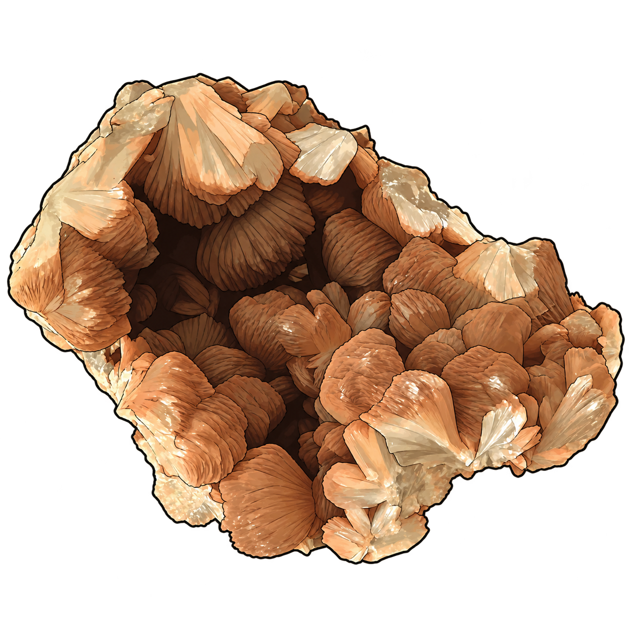 Stilbite illustrated as overlapping peach-colored sheaves with pale, fan-shaped ends and finely ridged surfaces.