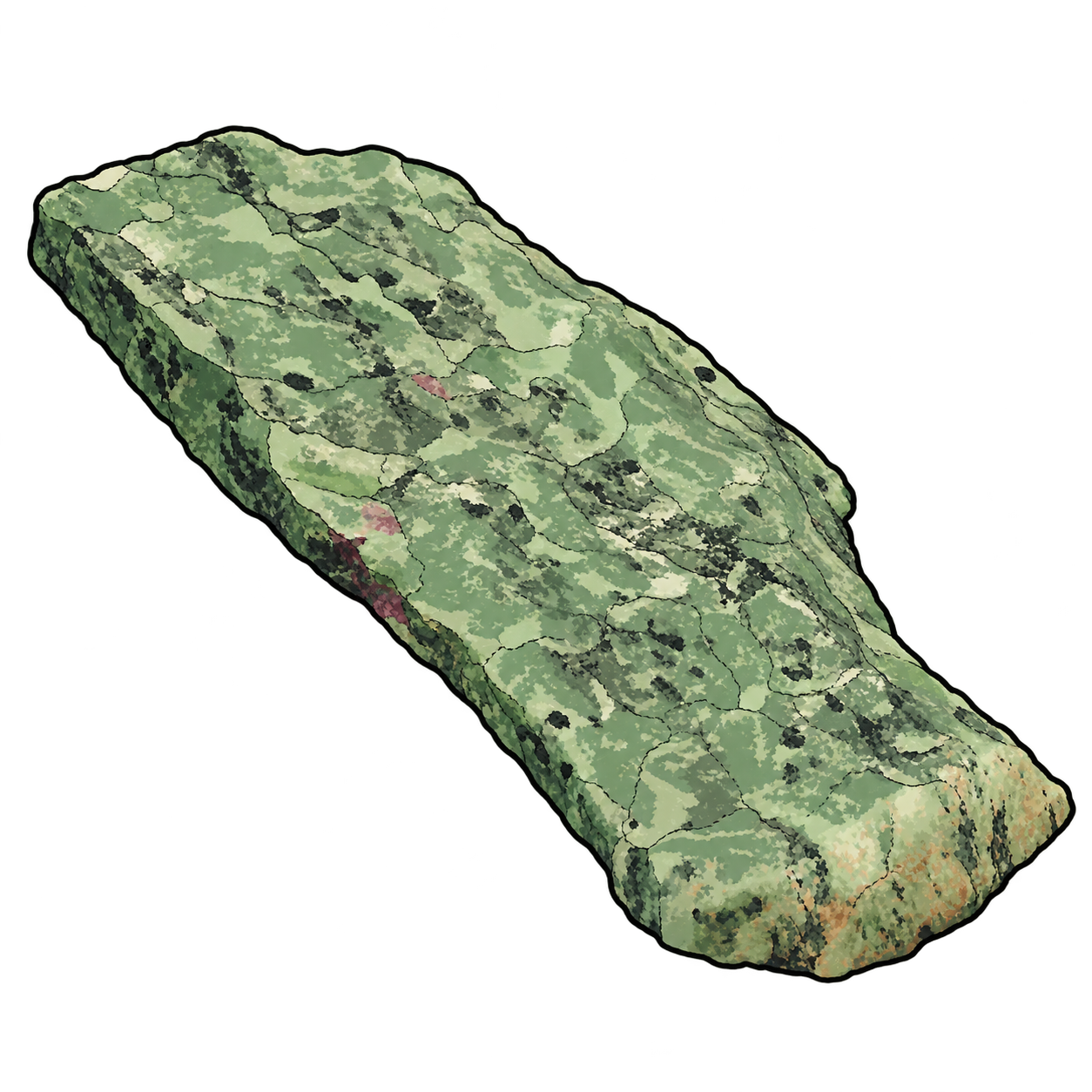 An elongated green rock is painted with dark flecks, branching seams and small muted rose-red patches. Its opaque, mottled surface represents ruby-bearing zoisite rather than a transparent blue tanzanite crystal.