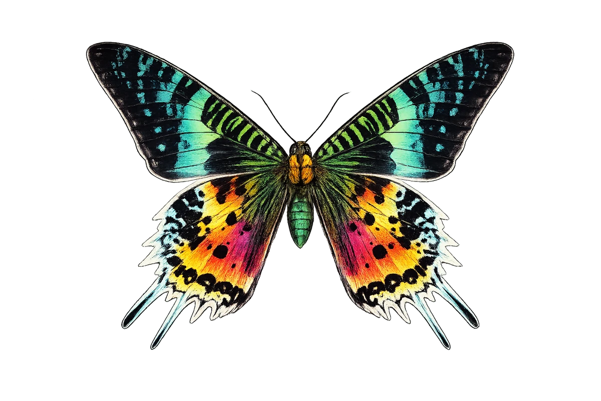 Chrysiridia rhipheus, open-wing ventral study
