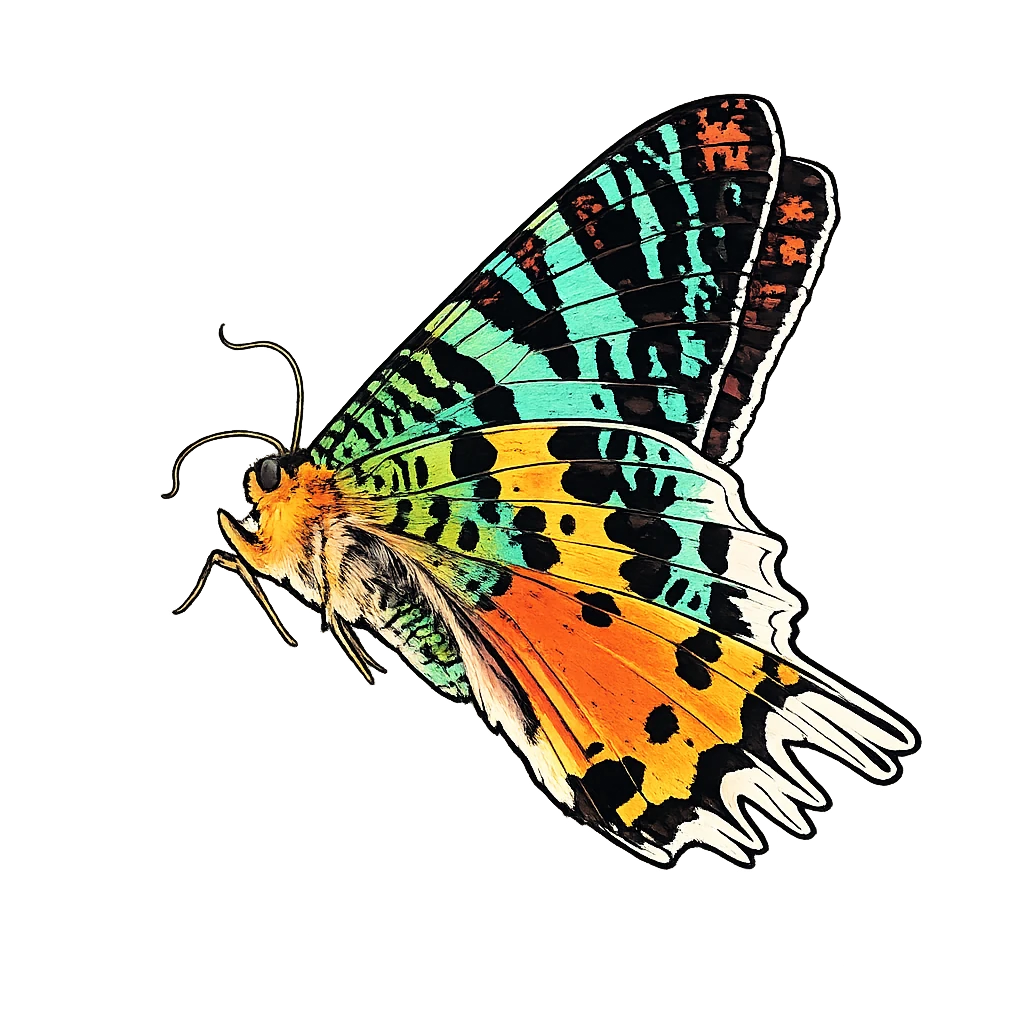 Chrysiridia rhipheus, folded-wing perch study