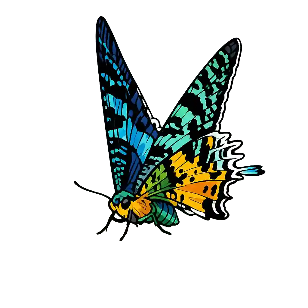 Chrysiridia rhipheus, front-facing folded-wing study