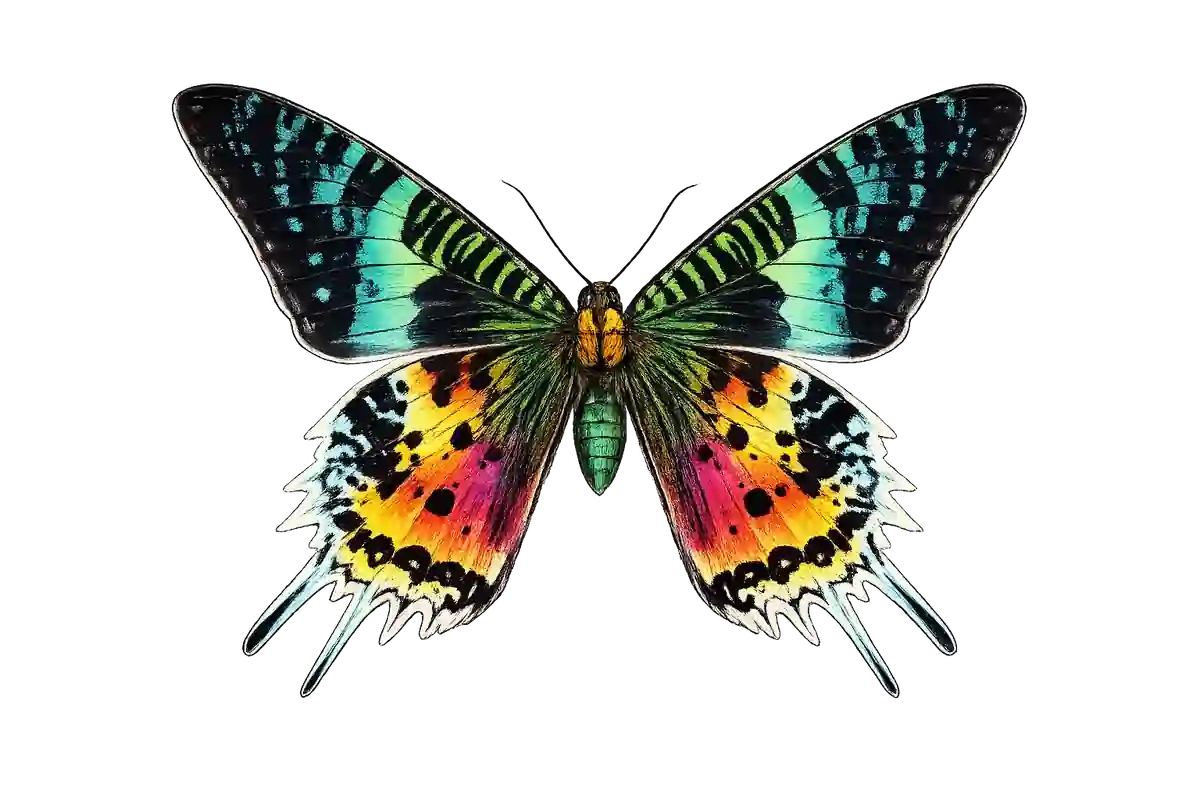 Chrysiridia rhipheus, open-wing ventral study